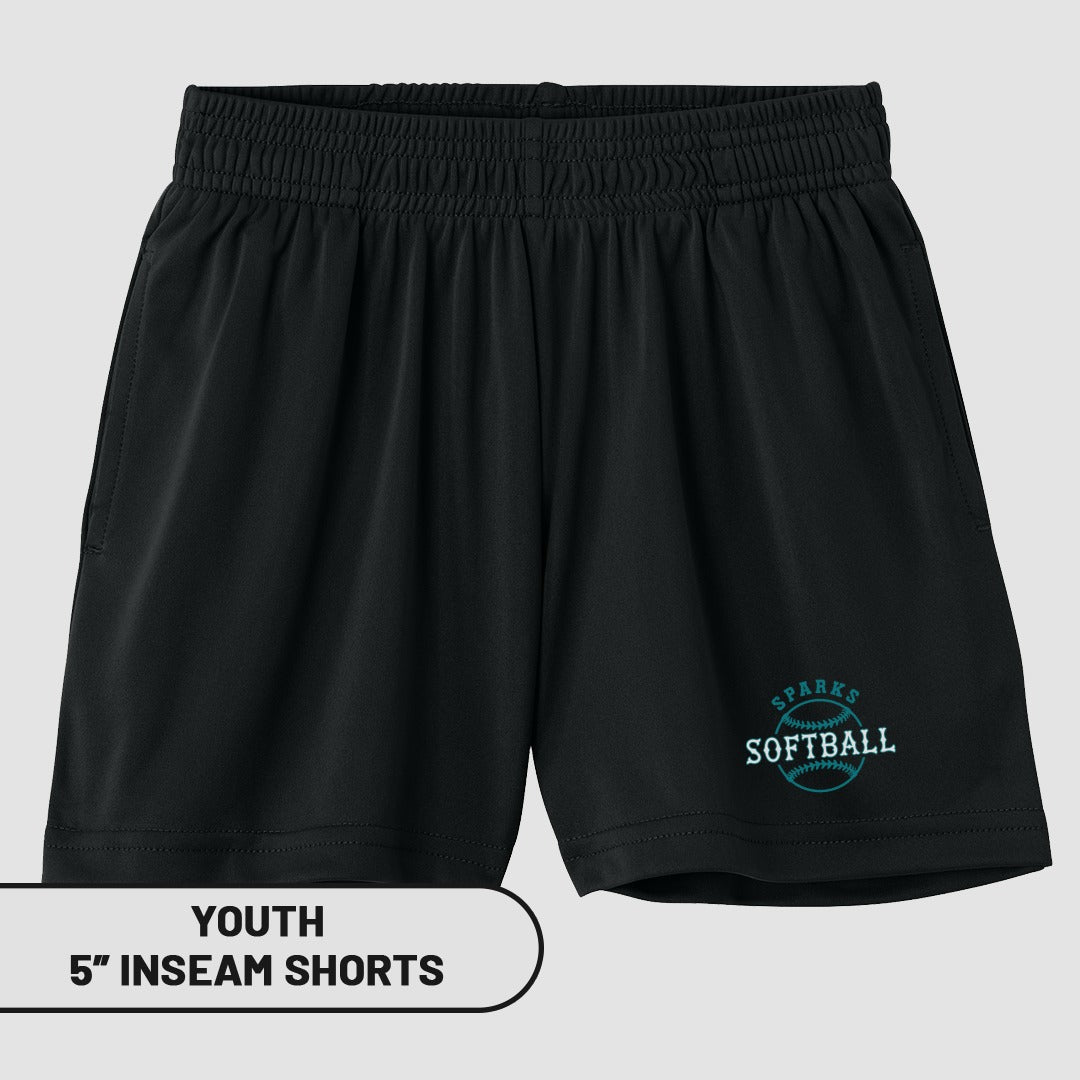 Youth black softball shorts with "SPARKS SOFTBALL" logo and 5" inseam text.