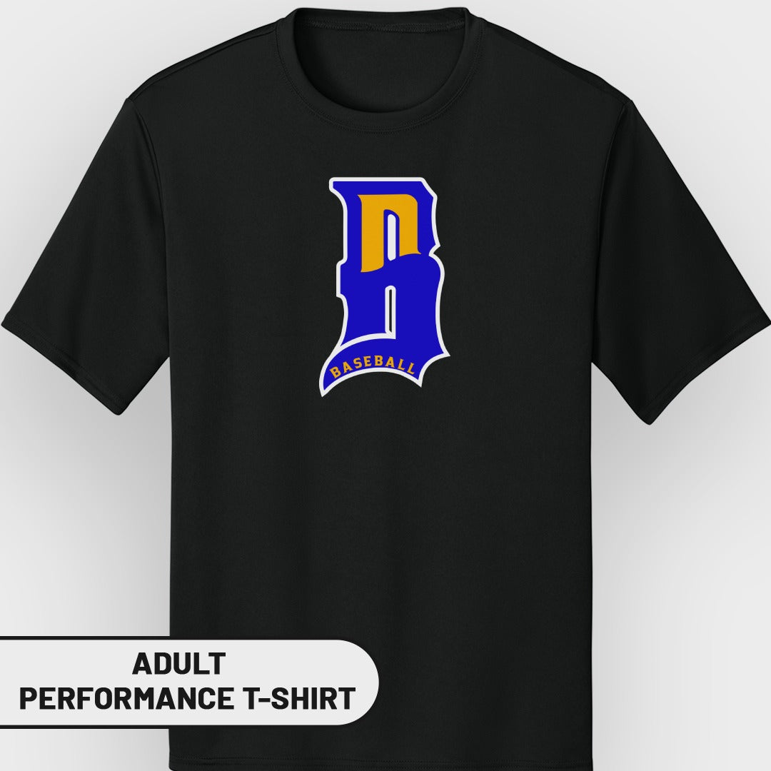 Black t-shirt with blue and yellow "B" and "BASEBALL" text.