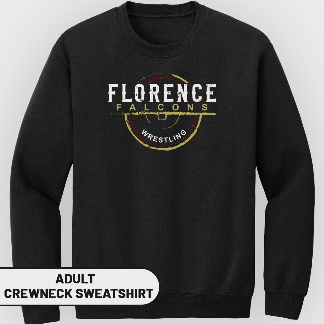 Black adult crewneck sweatshirt with Florence Falcons Wrestling graphic.