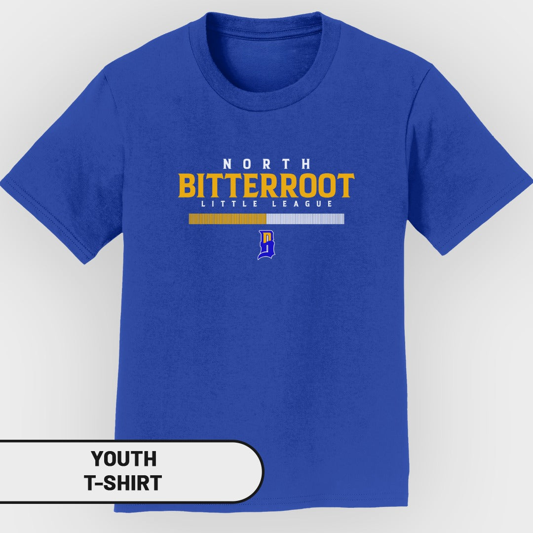 Royal blue youth t-shirt with "NORTH BITTERROOT LITTLE LEAGUE" and a D logo.