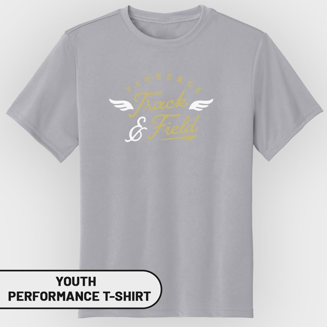 Youth gray performance t-shirt with "Florence Track & Field" text and wings.