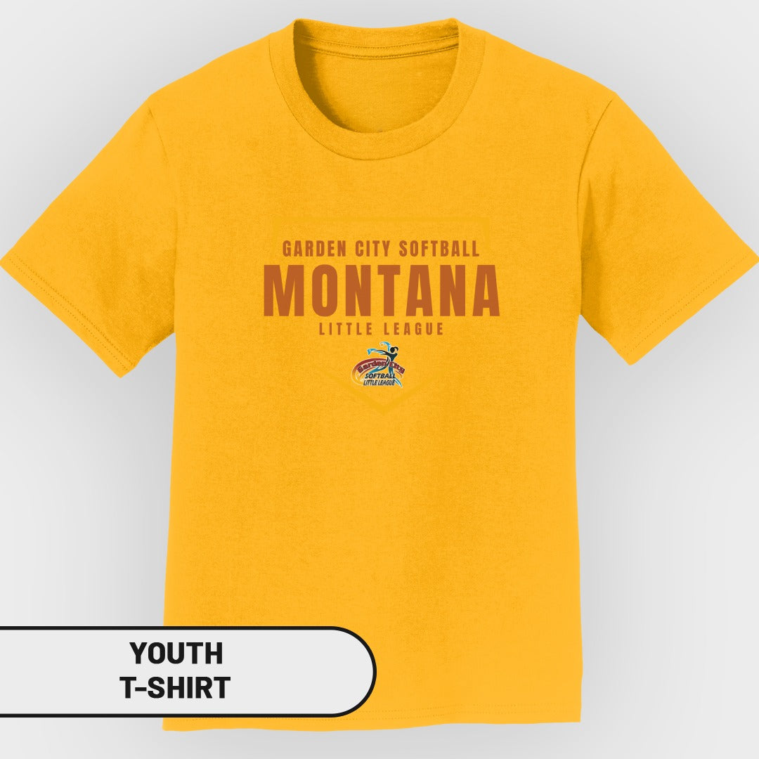 Yellow youth t-shirt with "Garden City Softball Montana Little League" text and logo.