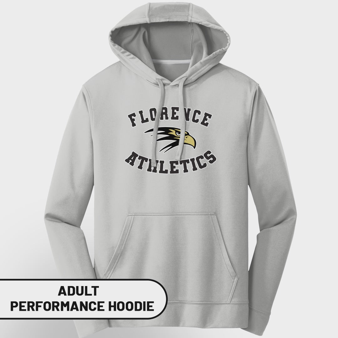 Light gray adult performance hoodie with Florence Athletics logo and eagle graphic.