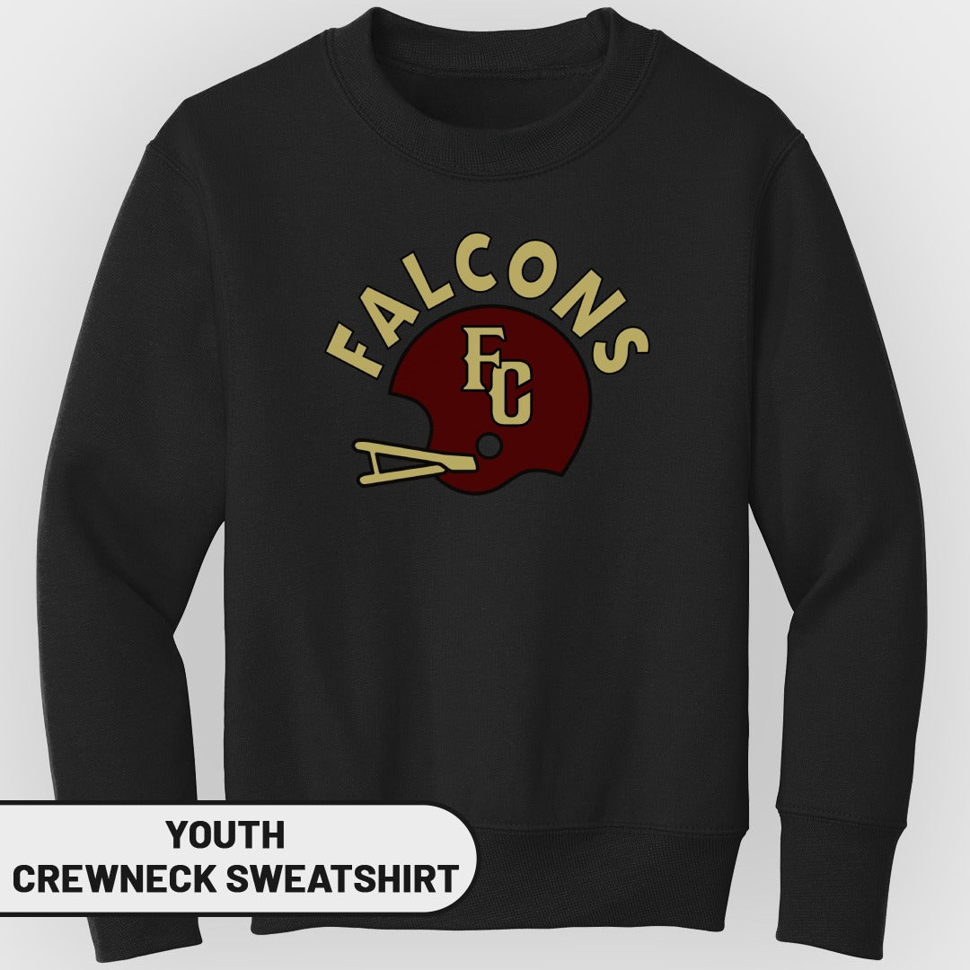 Youth crewneck sweatshirt with maroon helmet and "FALCONS FC" text.
