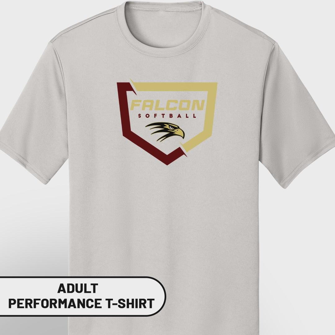 Light grey adult performance t-shirt with "FALCON SOFTBALL" logo and eagle graphic.