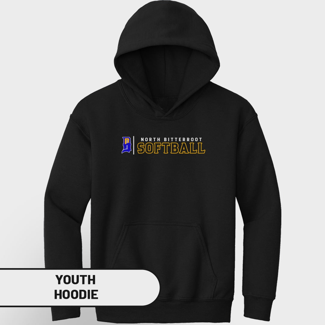 Black youth hoodie with "North Bitterroot Softball" logo on chest.