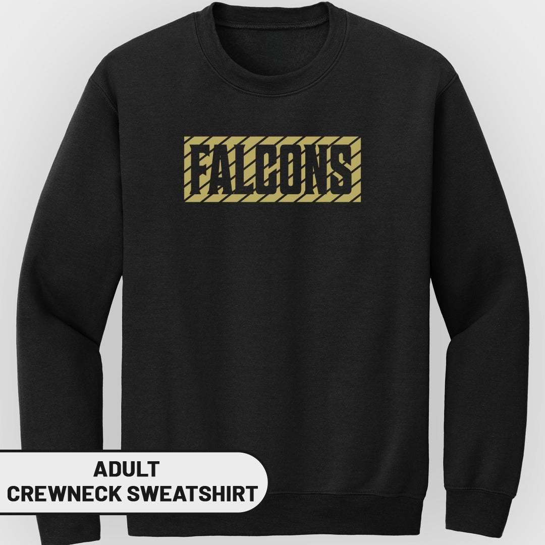 Black adult crewneck sweatshirt with "FALCONS" text in a gold rectangle.