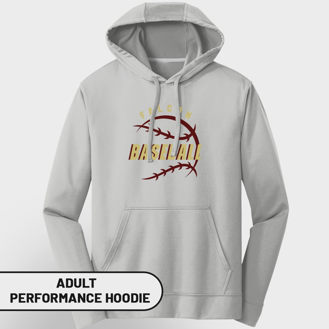 Grey adult performance hoodie with "Falcon Baseball" graphic on chest.