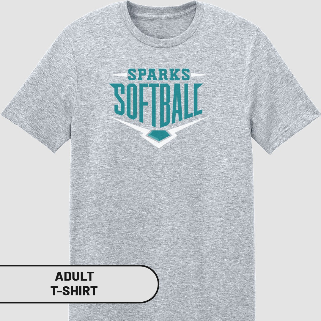 Gray adult t-shirt with "SPARKS SOFTBALL" logo.