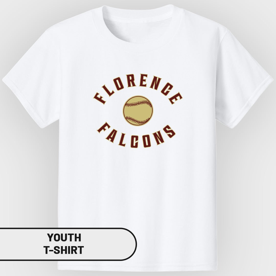 White youth t-shirt with "Florence Falcons" text and baseball graphic.