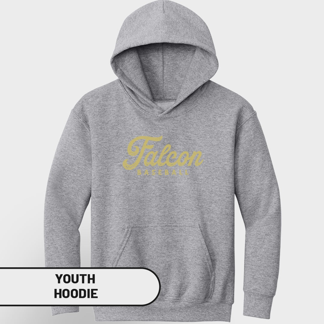 Grey youth hoodie with yellow "Falcon Baseball" text across the chest.