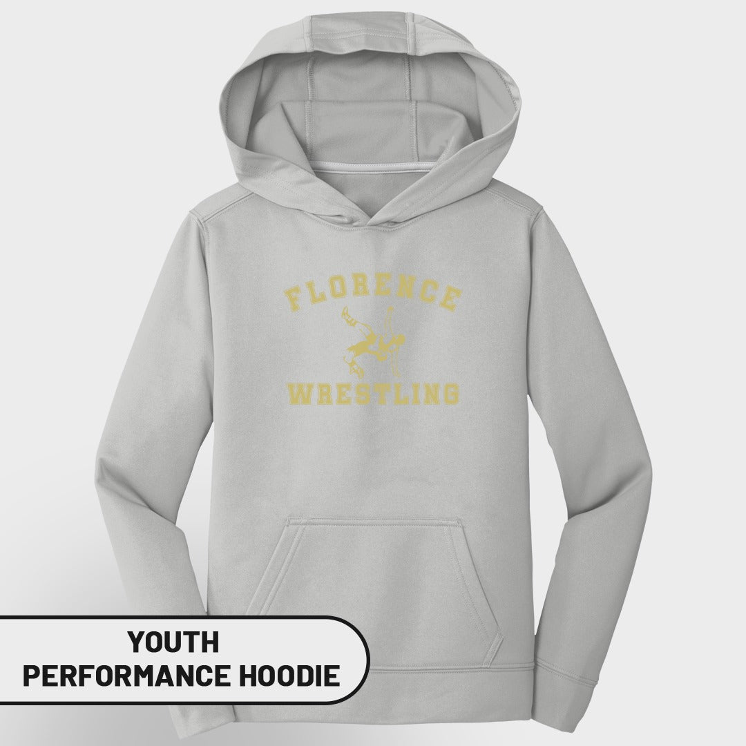 Light gray youth performance hoodie with Florence Wrestling graphic.