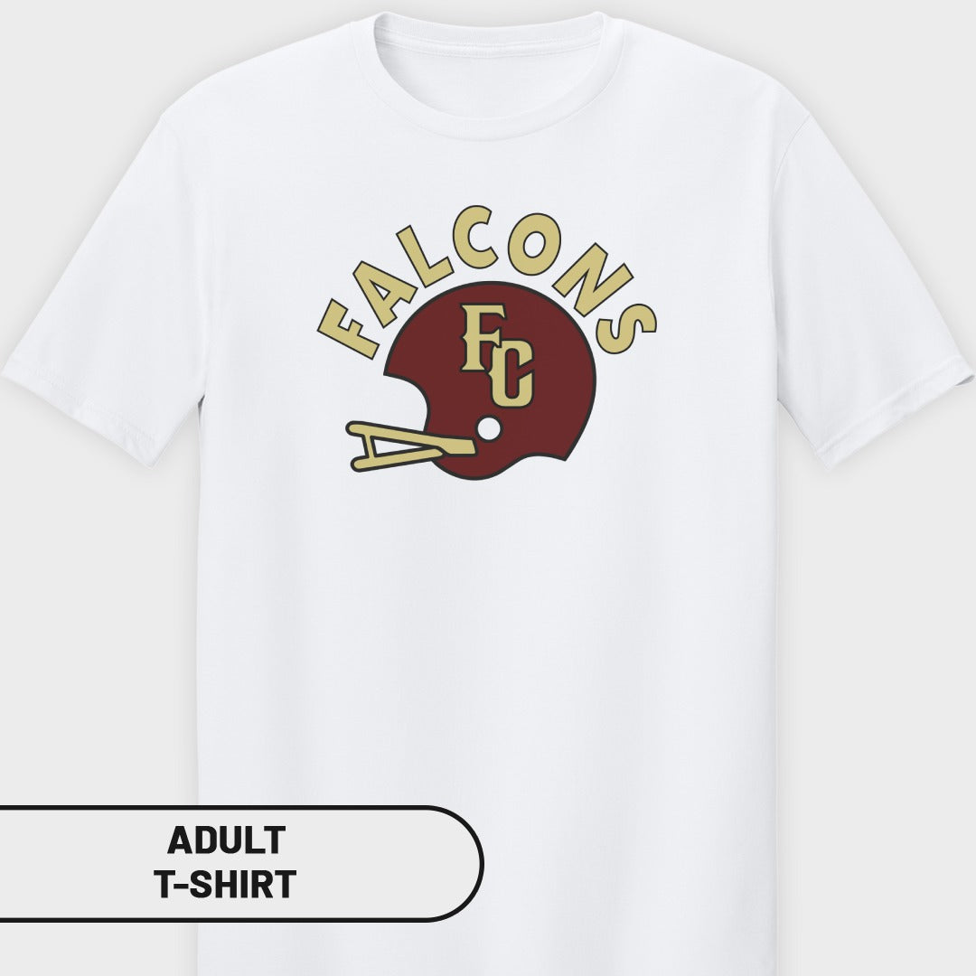 White adult t-shirt with a maroon football helmet logo and "FALCONS" text.