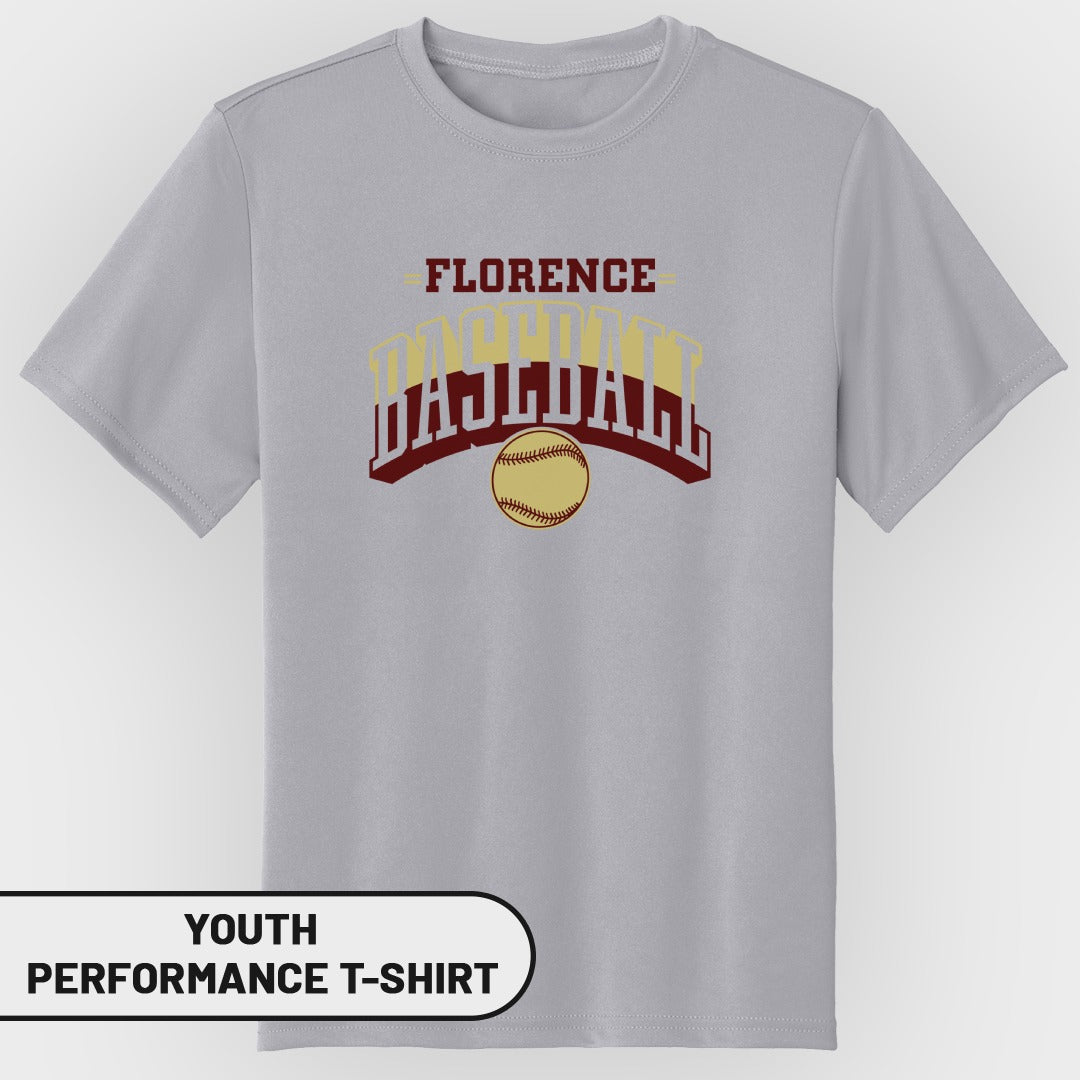 Grey youth performance t-shirt with "Florence Baseball" graphic and softball.