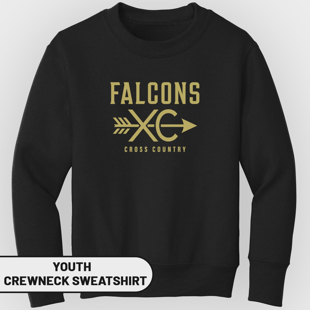 Black youth crewneck sweatshirt with gold "Falcons XC Cross Country" graphic.