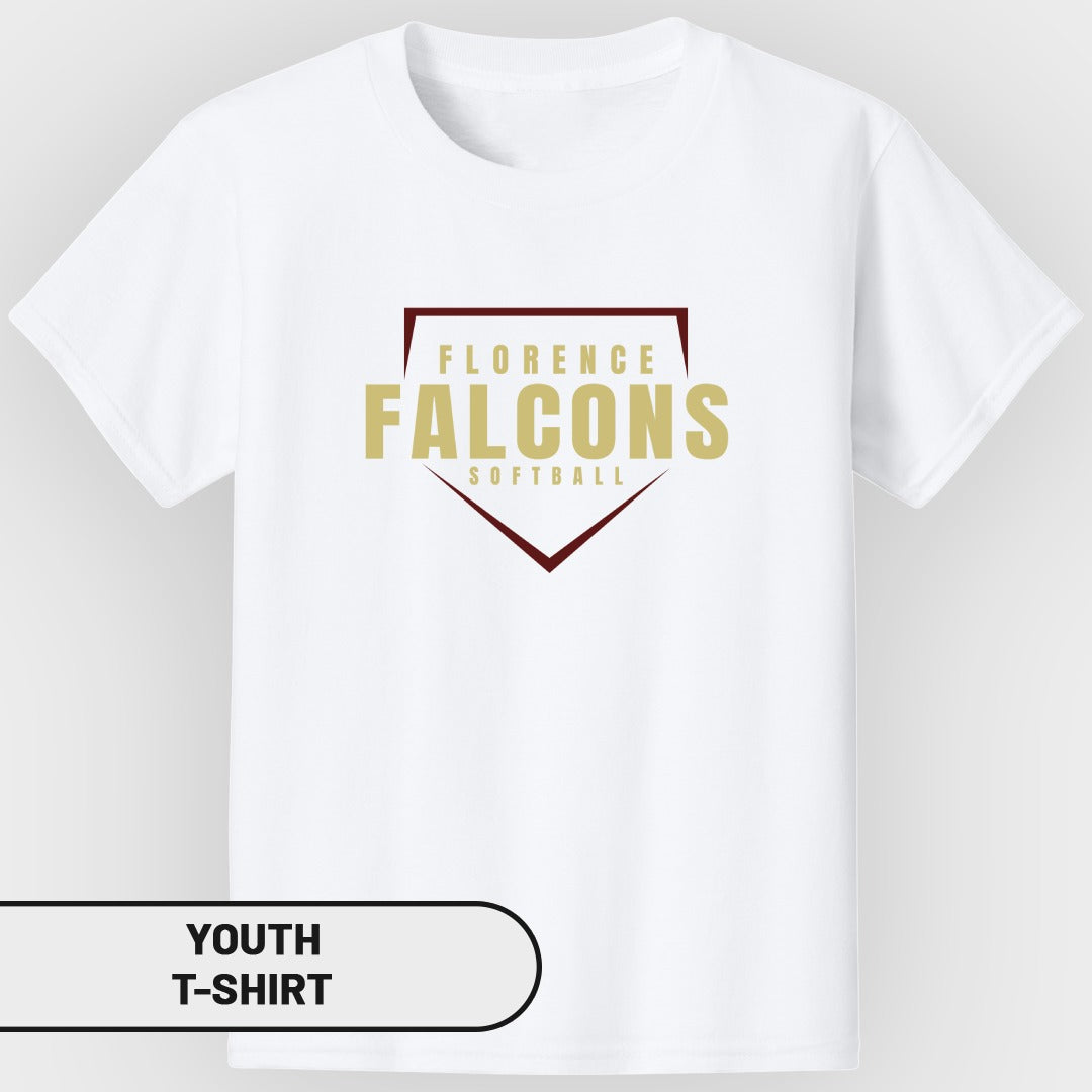 White youth t-shirt with Florence Falcons softball logo on front.