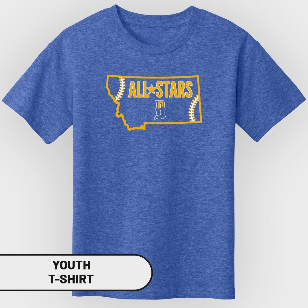 Youth t-shirt with Montana outline and "All Stars" baseball text.