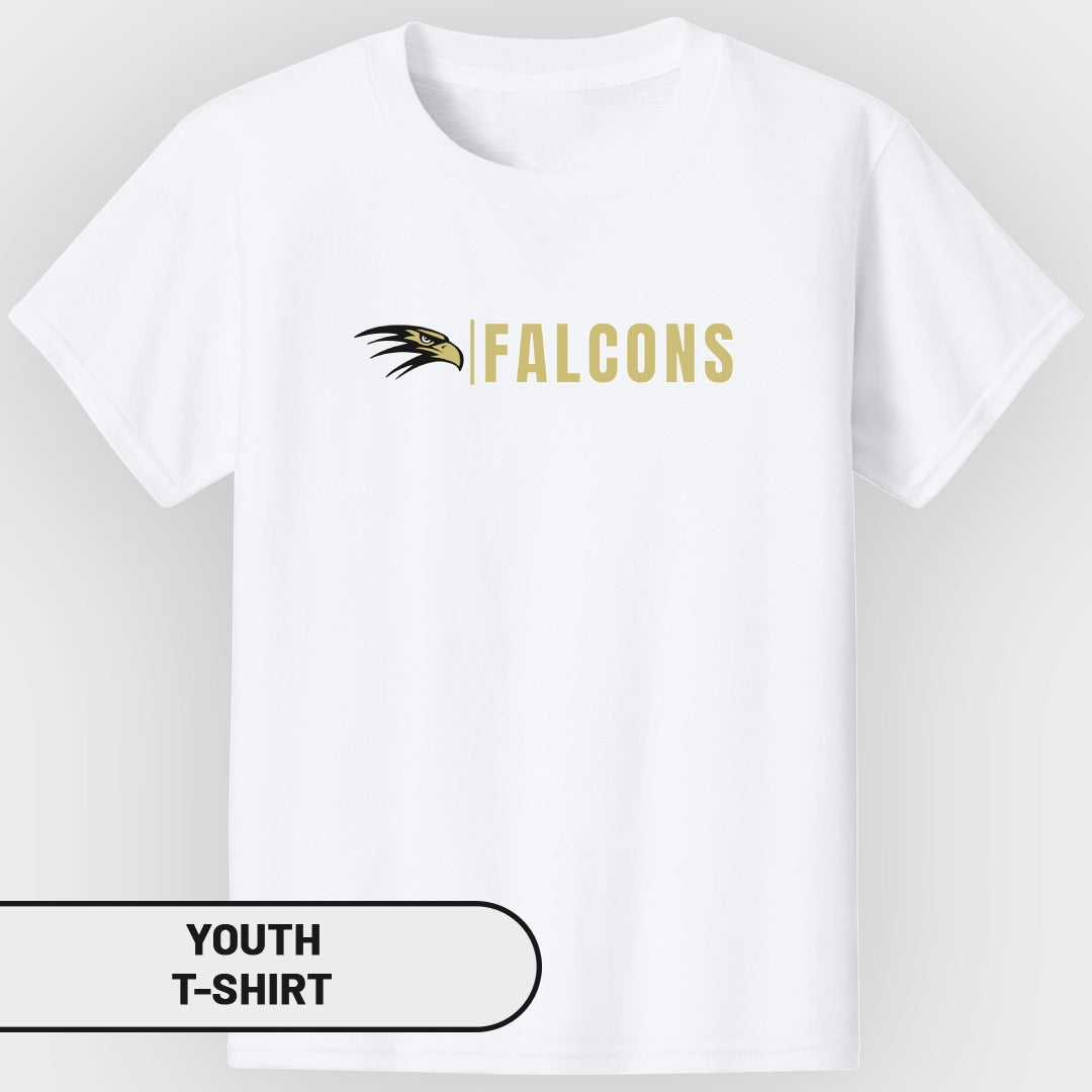 White youth t-shirt with "FALCONS" and falcon logo.