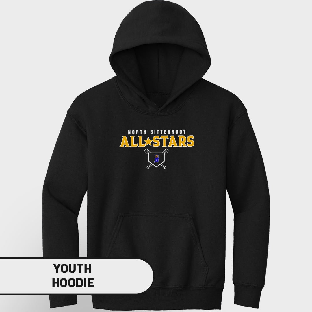 Black youth hoodie with "North Bitterroot All-Stars" logo.