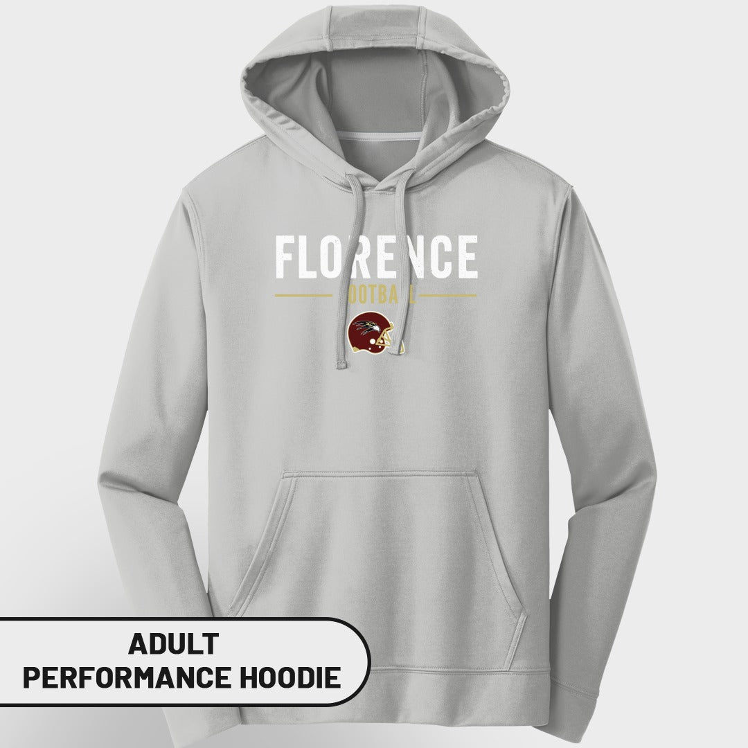 Gray adult performance hoodie with "FLORENCE FOOTBALL" and team helmet graphic.