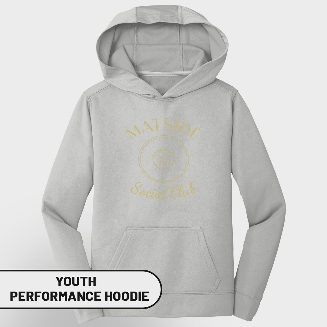 Youth performance hoodie in light gray with "MATSIDE Social Club" graphic.