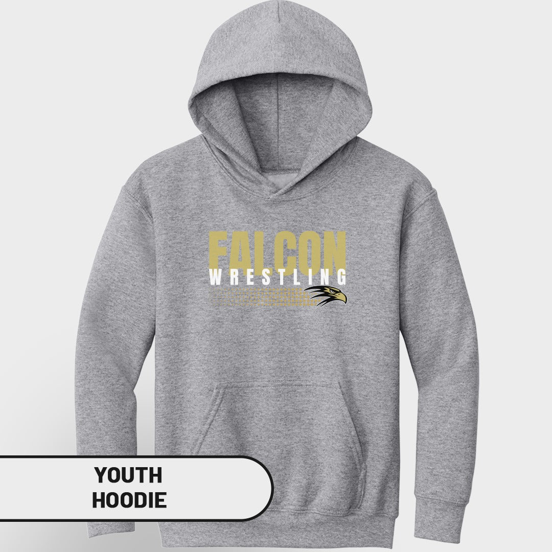 Grey youth hoodie with "Falcon Wrestling" and a falcon logo on the chest.