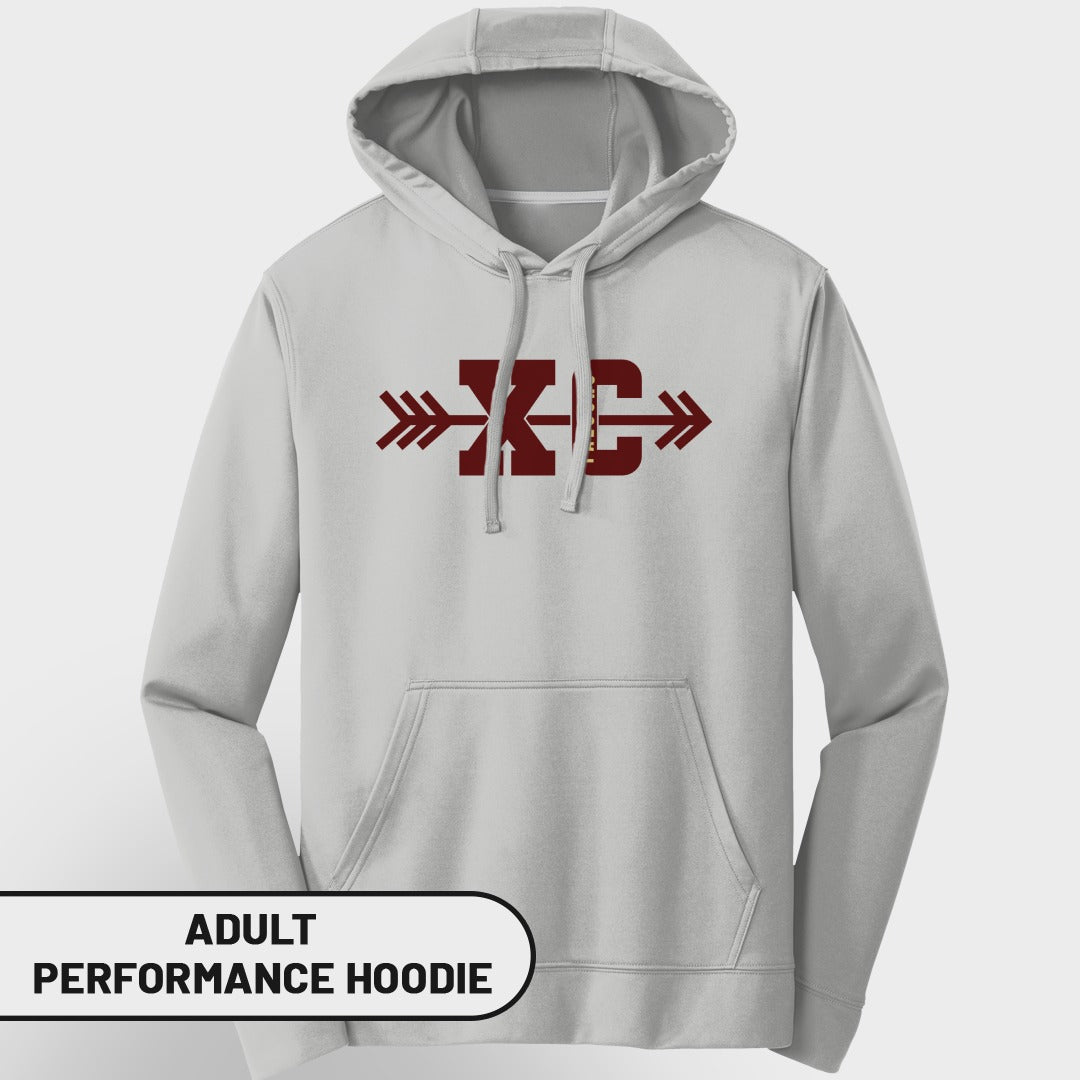 Light grey adult performance hoodie with maroon XC logo and arrows.