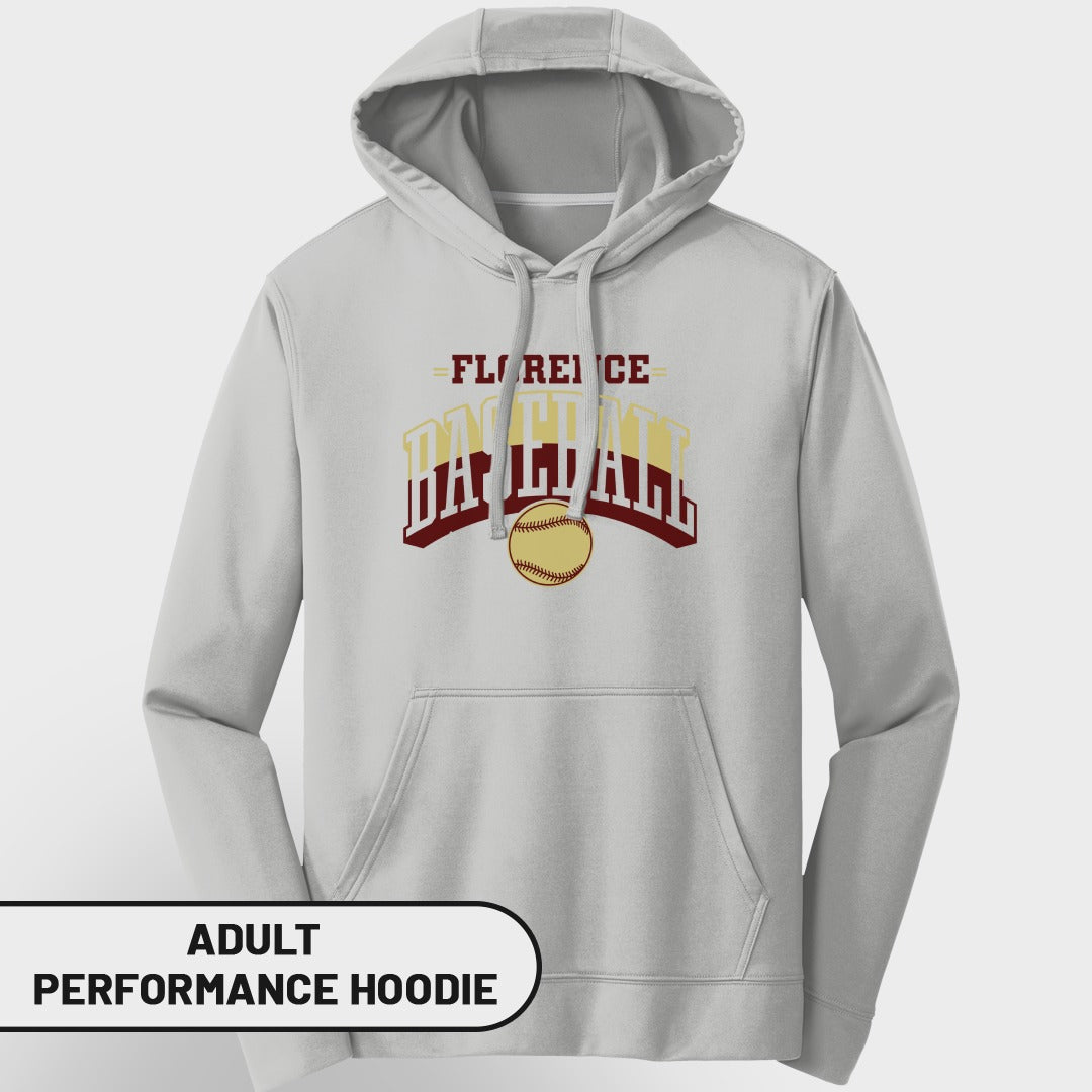 Light gray adult performance hoodie with "Florence Baseball" and softball graphic.
