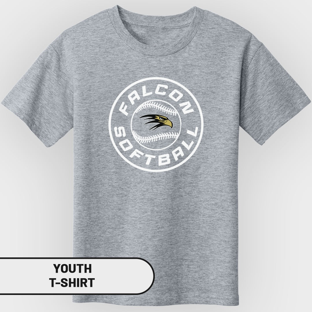Grey youth t-shirt with "Falcon Softball" circular logo featuring a hawk and baseball stitches.