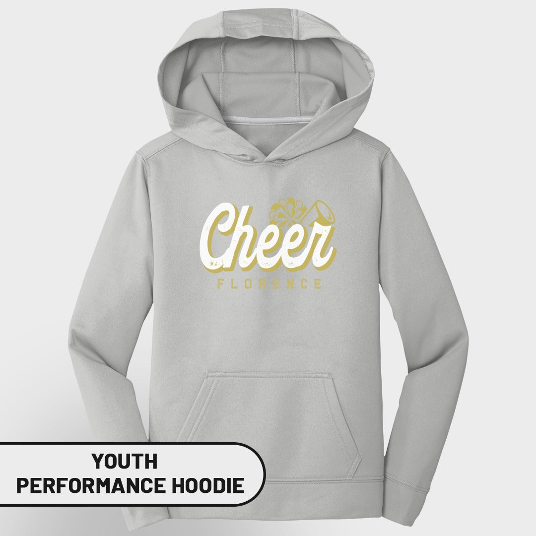 Light gray youth performance hoodie with "Cheer Florence" graphic.