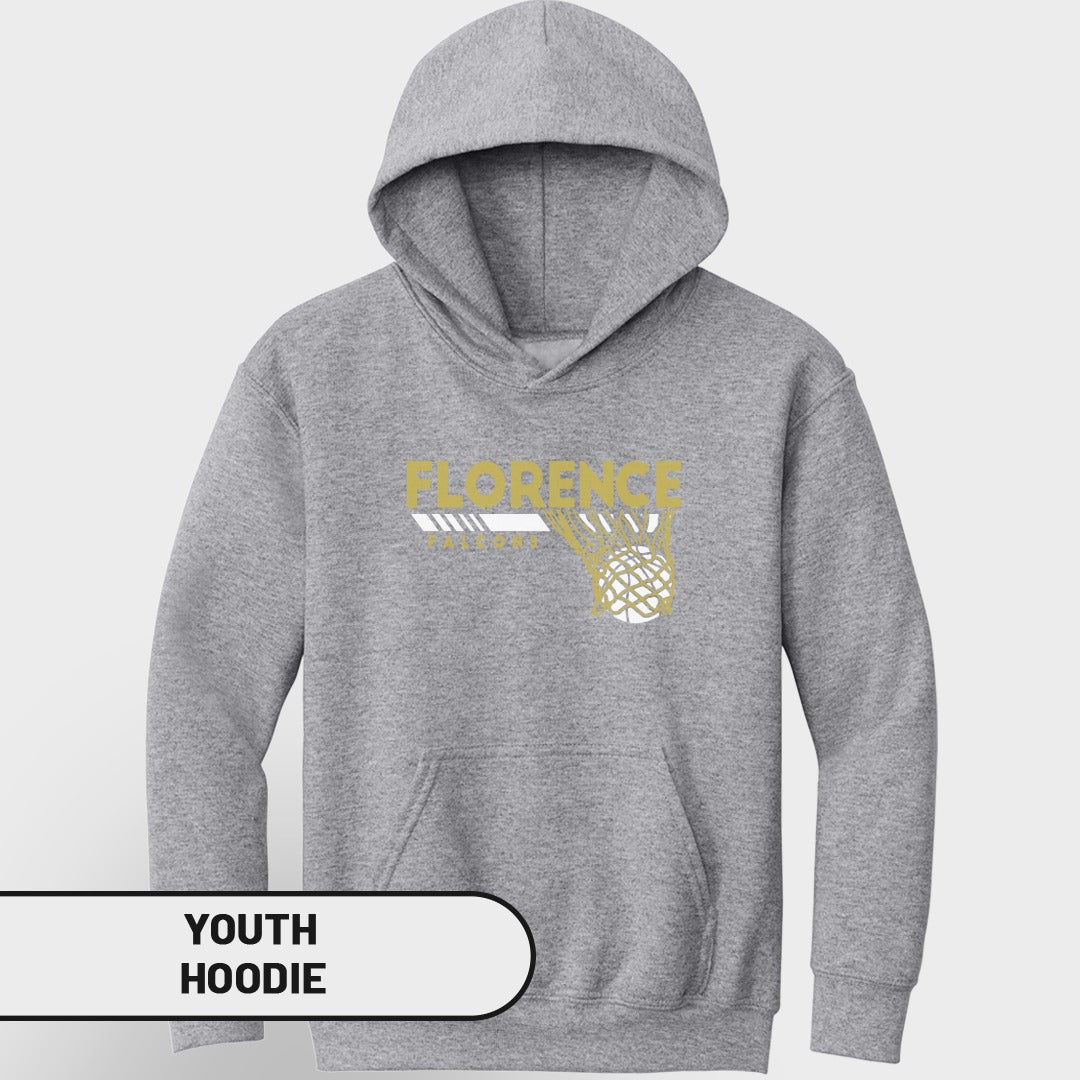 Youth grey hoodie with gold "FLORENCE" text and basketball net graphic.
