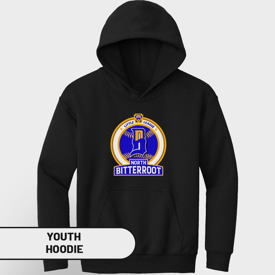 Black youth hoodie with Little League North Bitterroot logo.