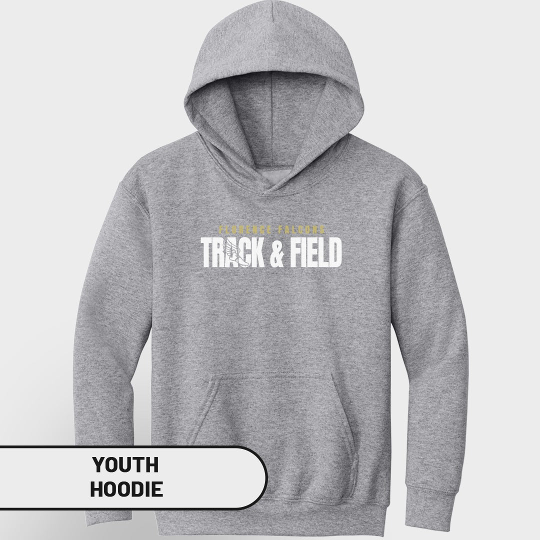 Grey youth hoodie with "TRACK & FIELD" text and a winged shoe graphic.