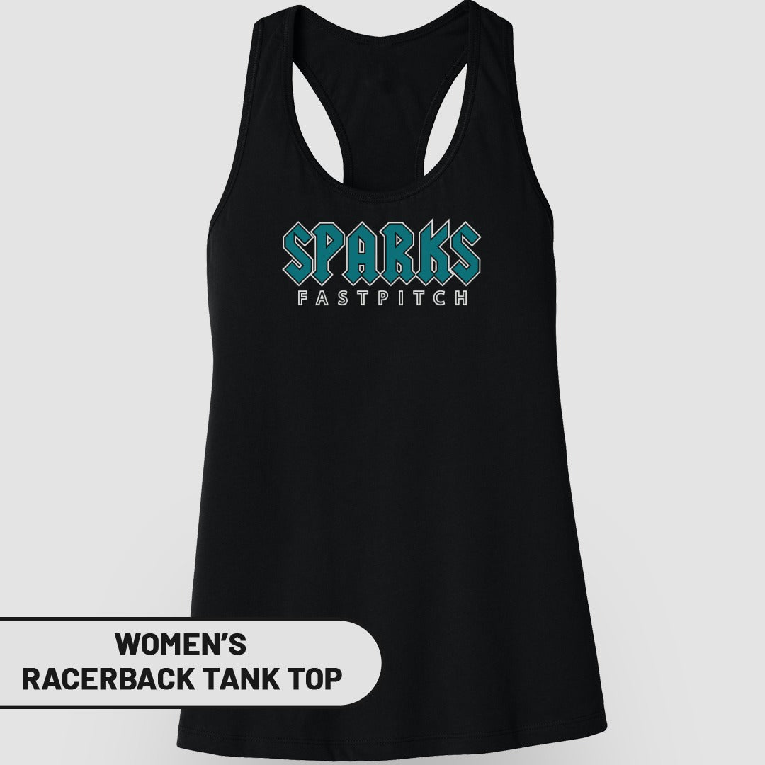 Black women's racerback tank top with "SPARKS FASTPITCH" text.