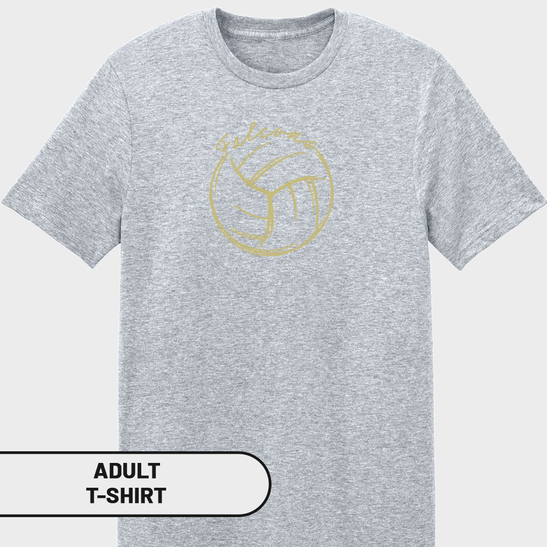 Gray adult t-shirt with gold volleyball graphic and text.