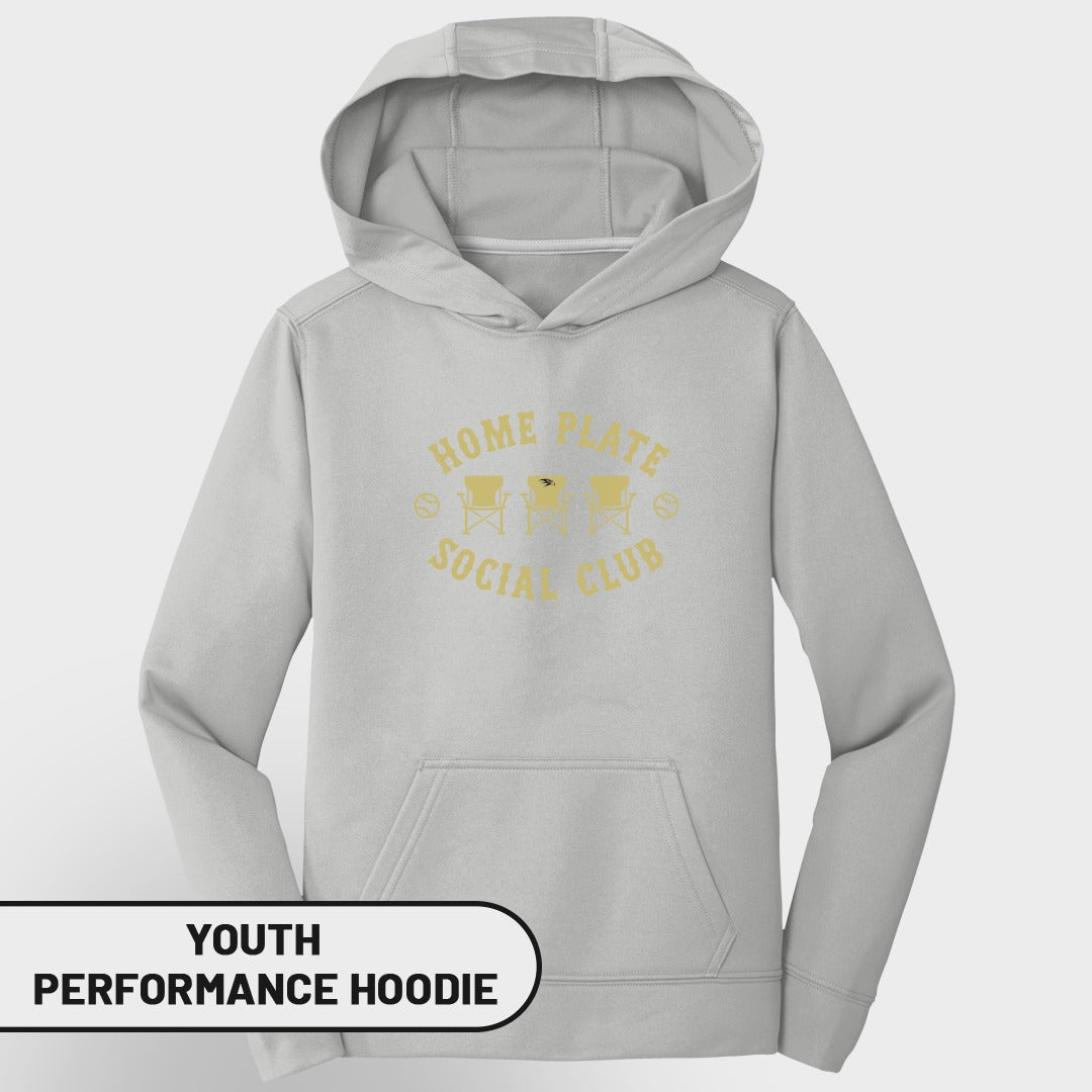 Light gray youth performance hoodie with "Home Plate Social Club" graphic.
