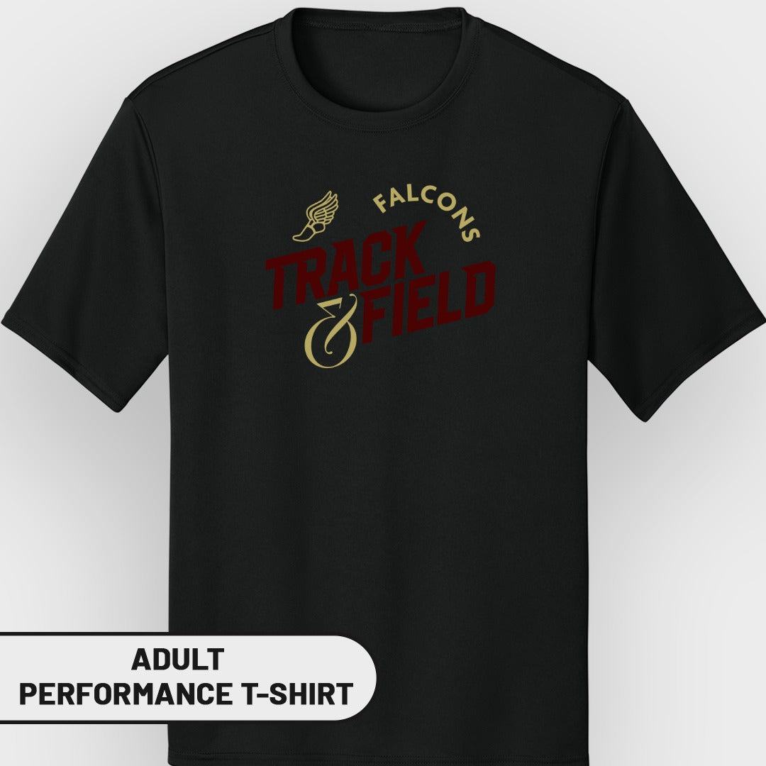Black adult performance t-shirt with "Falcons Track & Field" text and graphics.