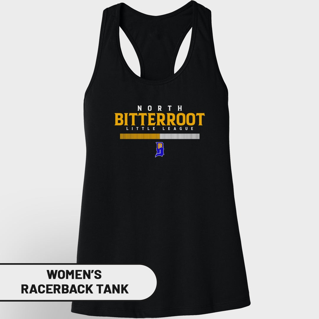 Black women's racerback tank top with "North Bitterroot Little League" text and logo.