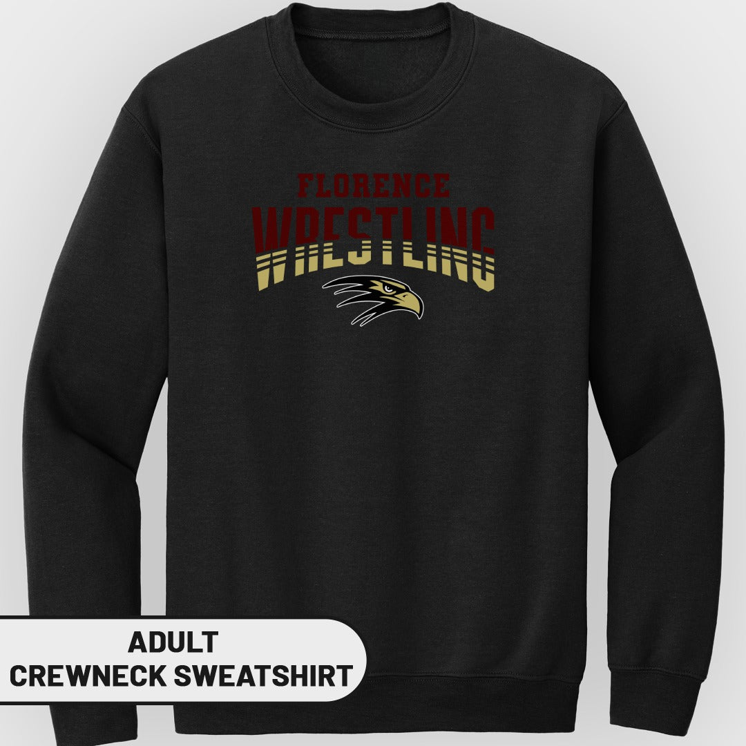 Black adult crewneck sweatshirt with "Florence Wrestling" and eagle logo.