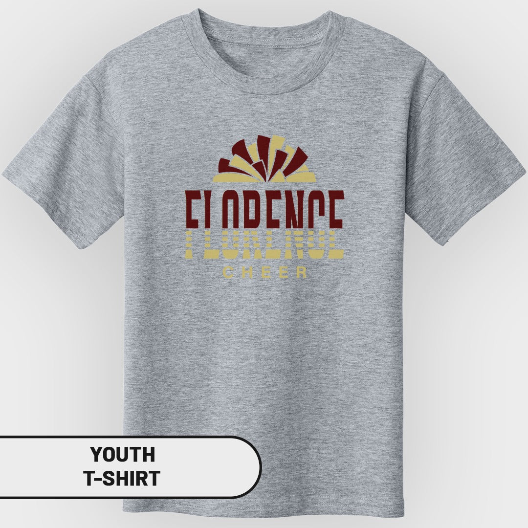 Youth t-shirt with "Clarence Cheer" text and burgundy and gold fan graphic.
