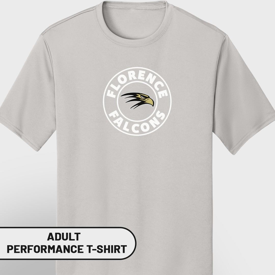 Light grey adult performance t-shirt with Florence Falcons logo.