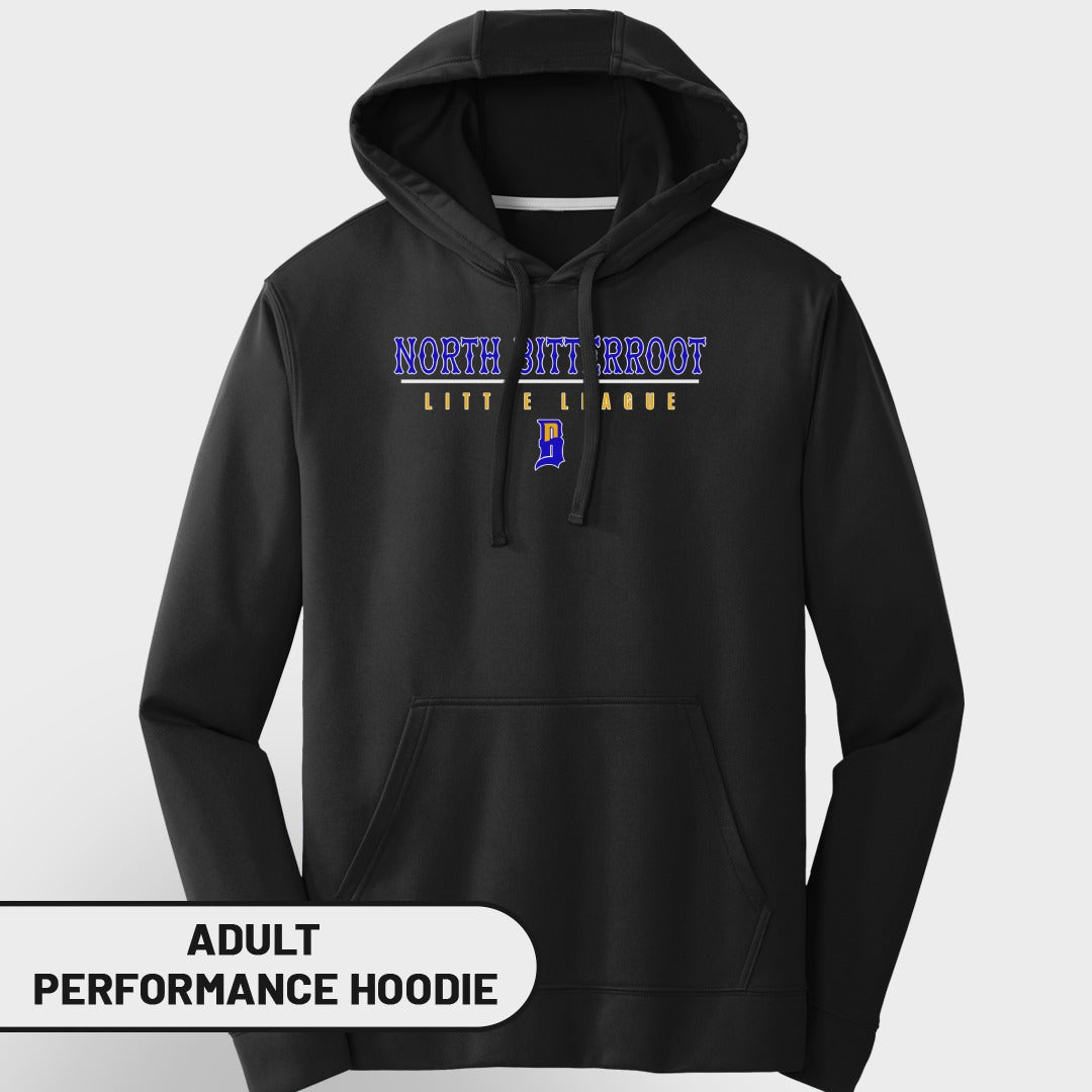 Adult Performance Hoodie with North Bitt' RRoot Little League logo.