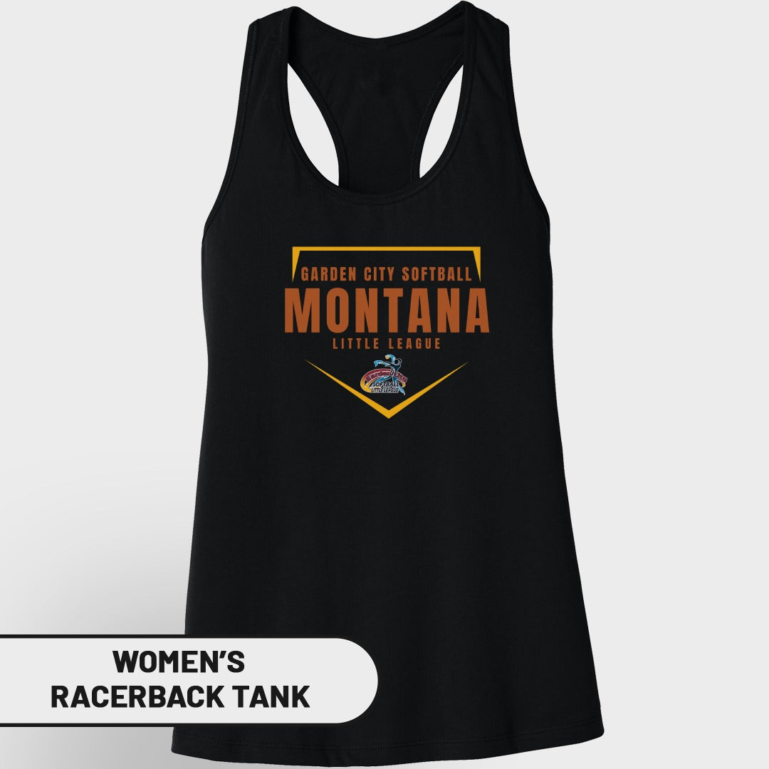 Black women's racerback tank with "Garden City Softball Montana Little League" graphic.