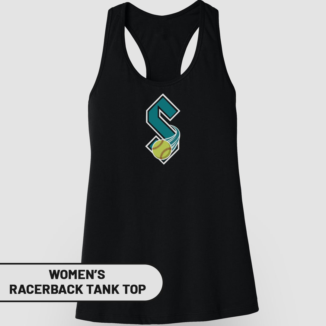 Black women's tank top with teal 'S' logo and softball graphic.