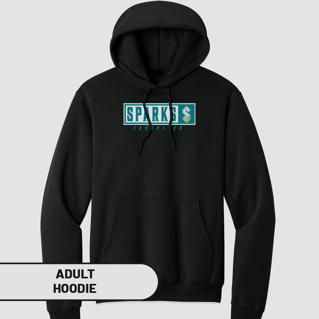 Black adult hoodie with "SPARKS FASTPITCH" logo on chest.
