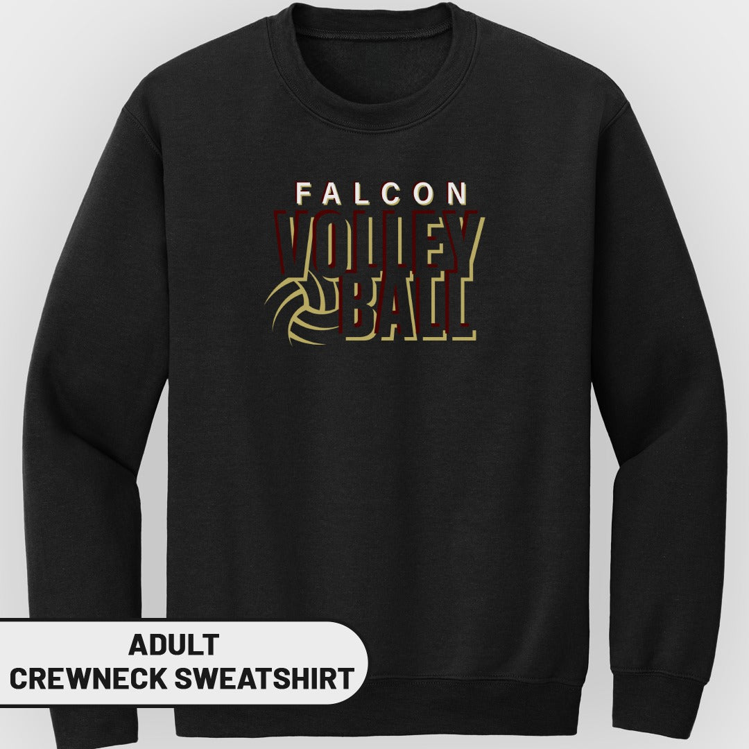 Black adult crewneck sweatshirt with "Falcon Volleyball" and volleyball graphic.