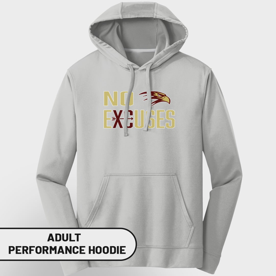 Grey adult performance hoodie with "NO EX-CUSES" and eagle graphic.