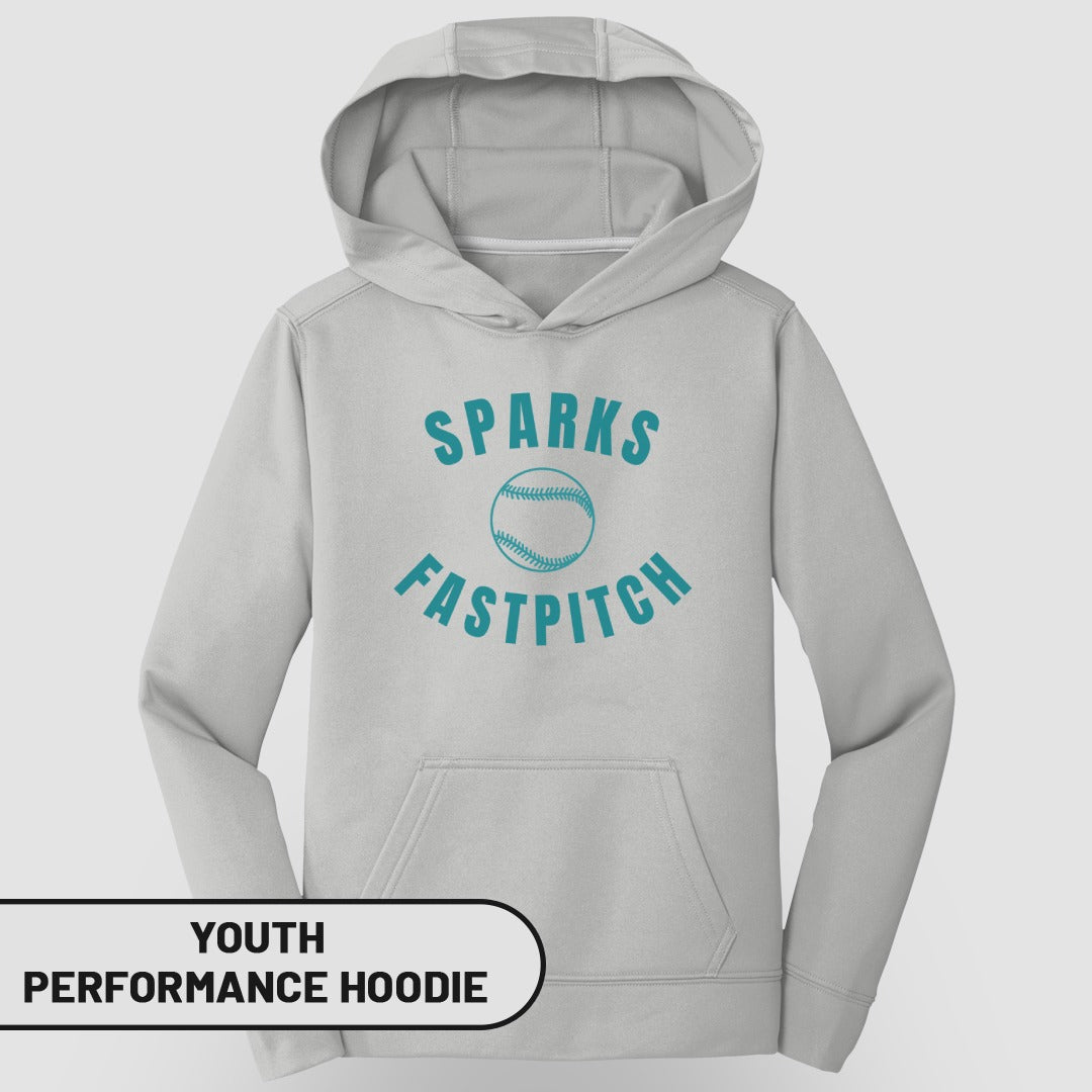 Youth Sparks Fastpitch performance hoodie in light gray with turquoise text.