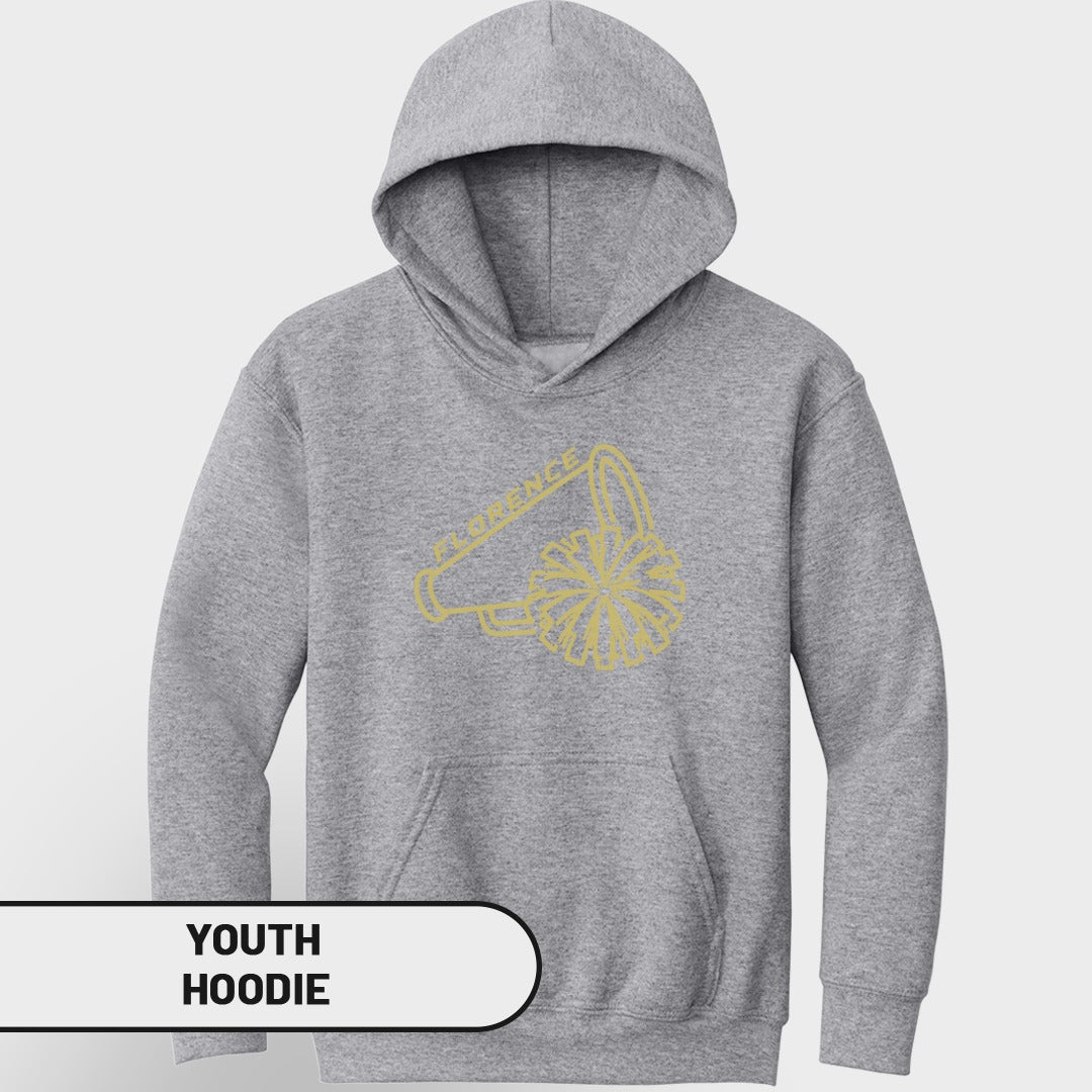 Grey youth hoodie with gold graphic of a megaphone and pom-pom.