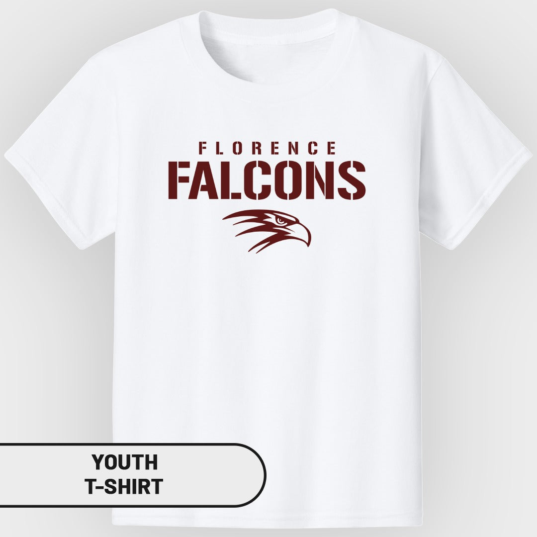 White youth t-shirt with "Florence Falcons" text and eagle logo.